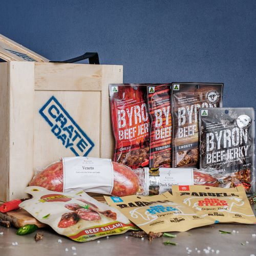 Salivate Crate. 4 packets of Byron Beef Jerky, Veneto salami, Duck Salami, Beef Salami bites and 2 packets of Barbell Foods Biltong